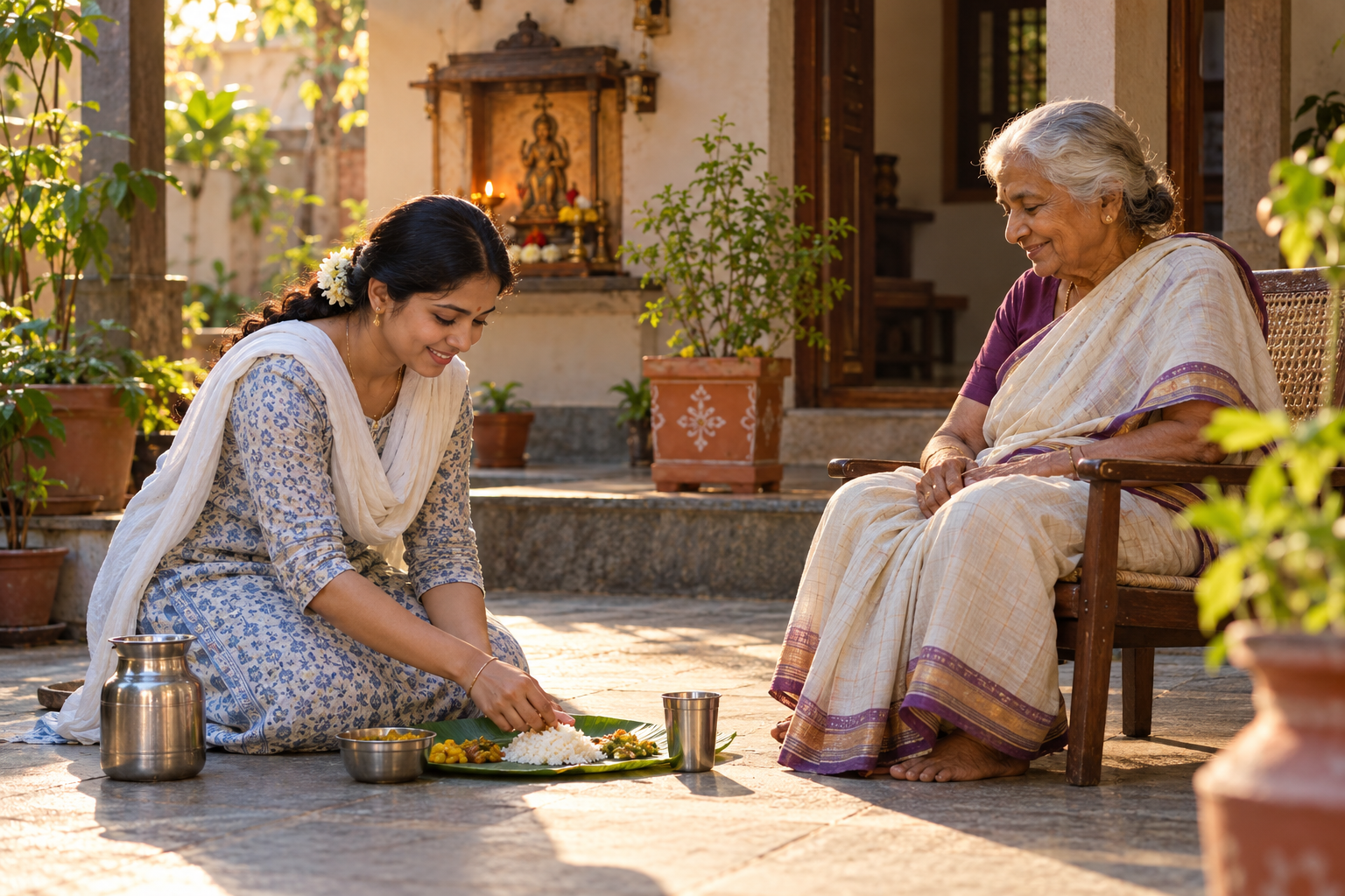 A devotee serves food and water to an elderly neighbor while a small altar lamp glows in the background.
