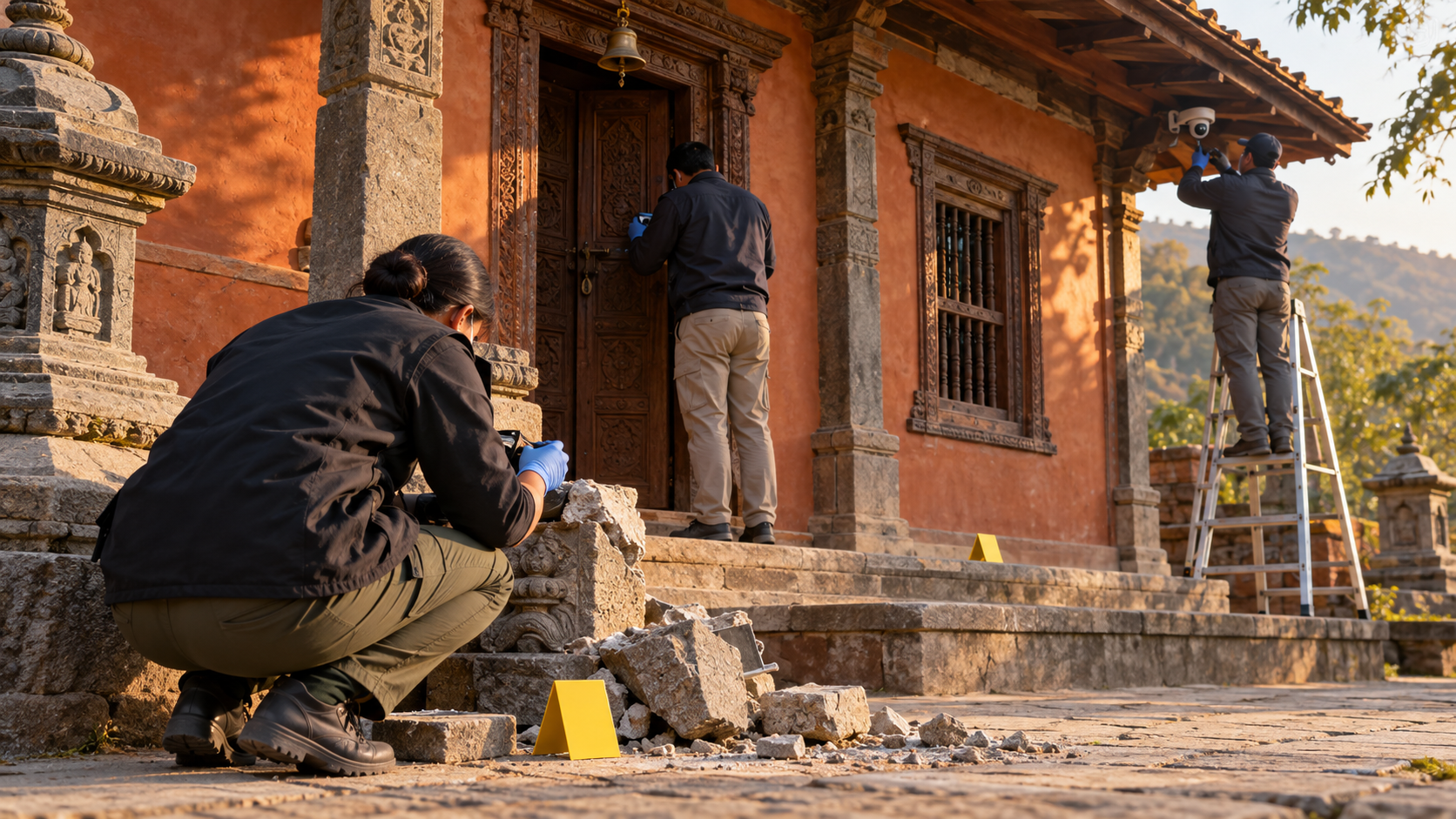 Investigators document a broken shrine fragment, inspect a temple entry point, and examine a security camera.
