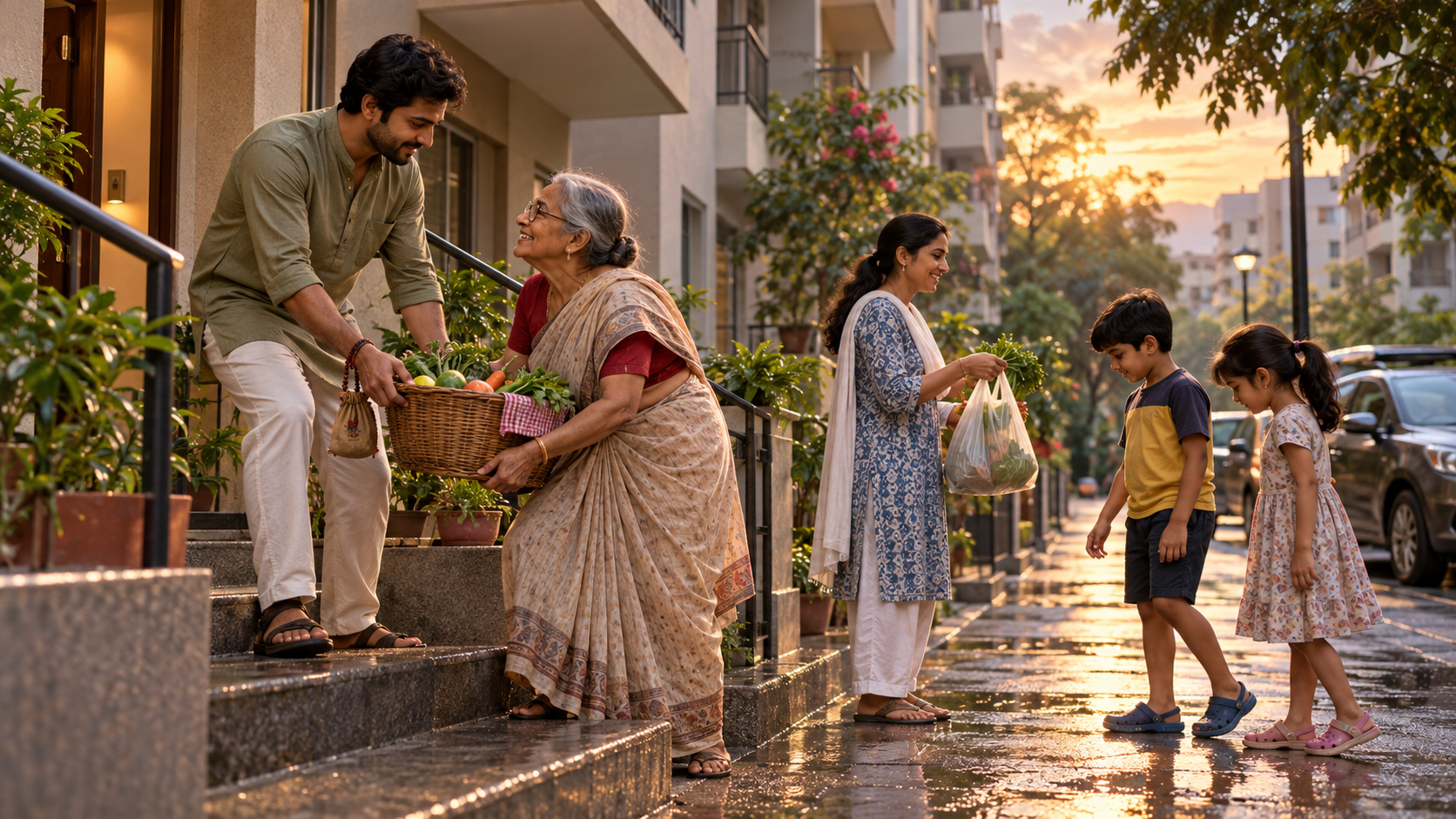 A person carrying prayer beads helps an elderly neighbor with a vegetable basket as other residents share groceries nearby.