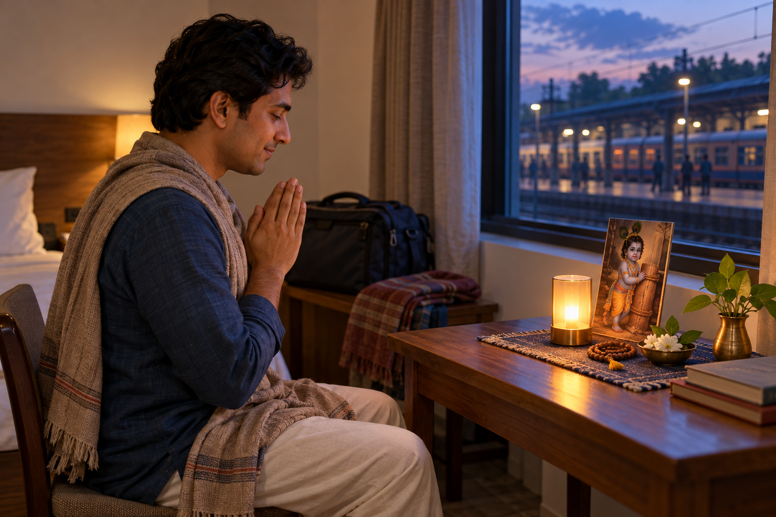 A traveler observes a simple evening devotion with prayer beads and an enclosed electric candle in a guest room.