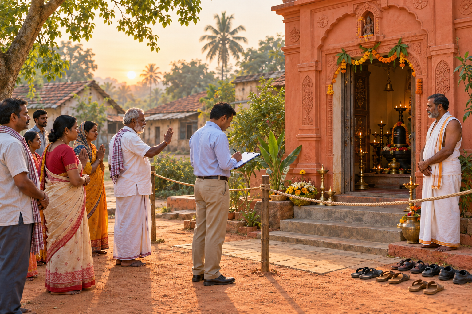 Devotees wait calmly outside a secured village temple while a caretaker and an official preserve the undisturbed entrance.
