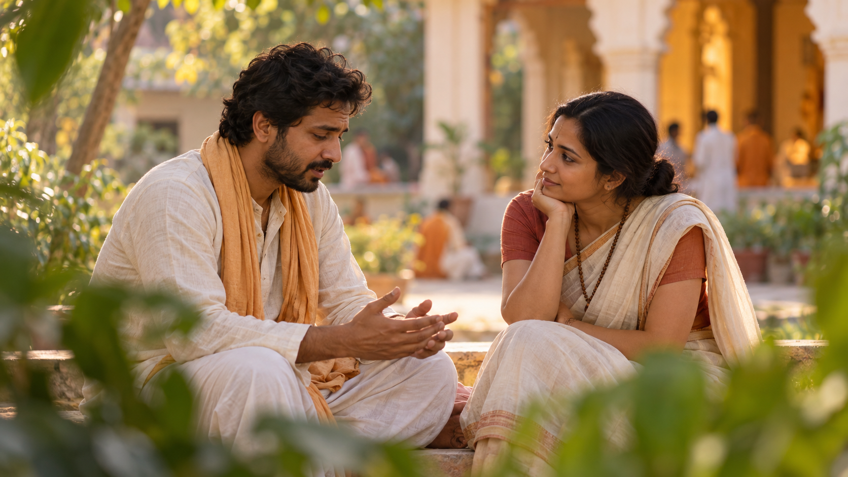 Two adult devotees have a private conversation in a quiet courtyard after a spiritual gathering, with one speaking and the other listening attentively.