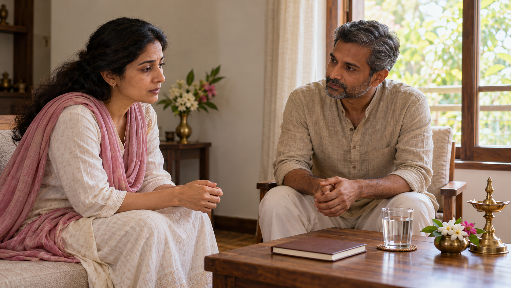 One devotee listens calmly as another pauses during a private conversation beside a window, with a closed notebook and cup of water nearby.