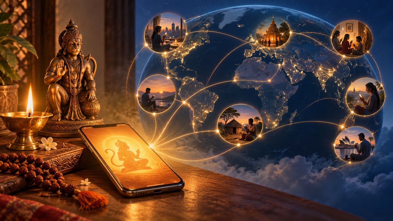 A smartphone beside an oil lamp, prayer beads, and a small Hanuman murti sends glowing pathways around a globe.