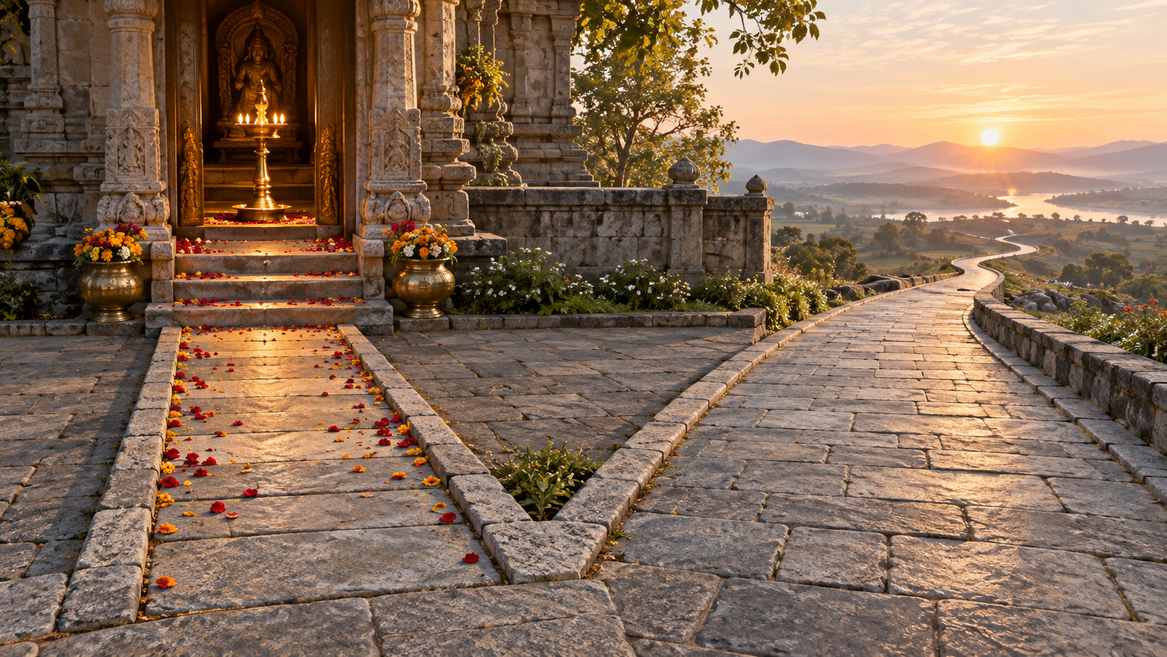 Two separate paths diverge in a temple courtyard, with one crossing a flower-strewn threshold toward a brass lamp and the other continuing toward the horizon.