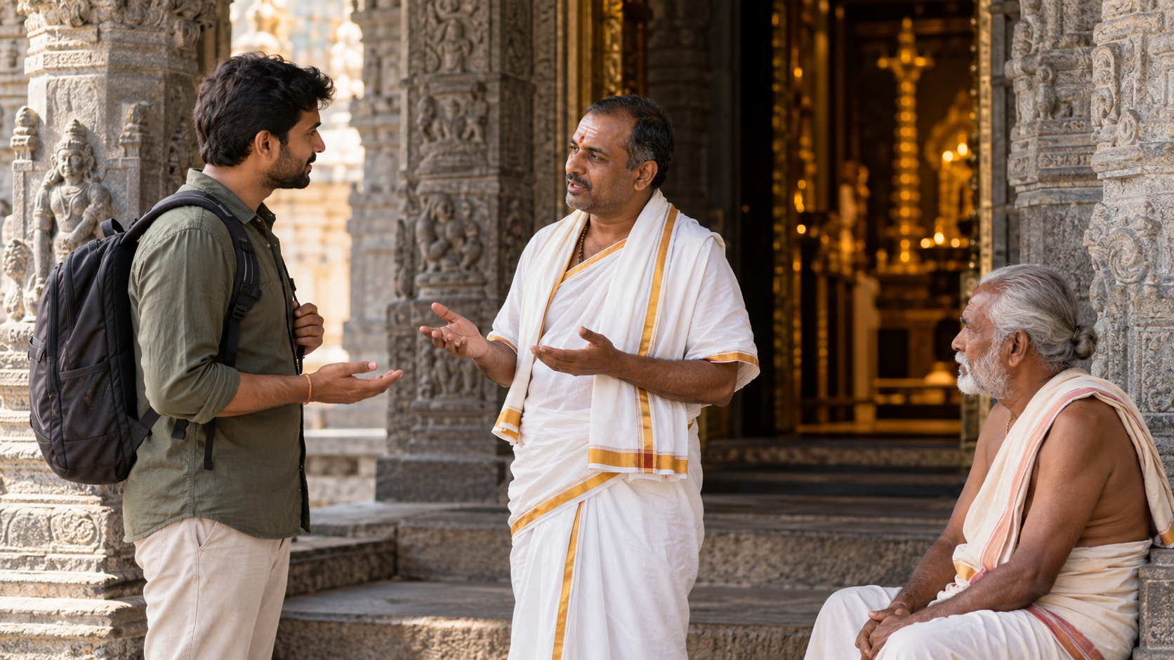 A visitor speaks calmly with a temple representative beside a shaded entrance while an elder sits nearby.