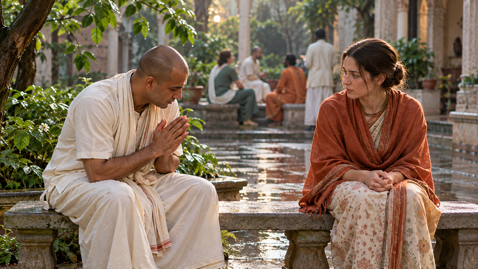 Two devotees speak privately on a courtyard bench as one apologizes and the other listens, while a small group remains at a distance in the background.