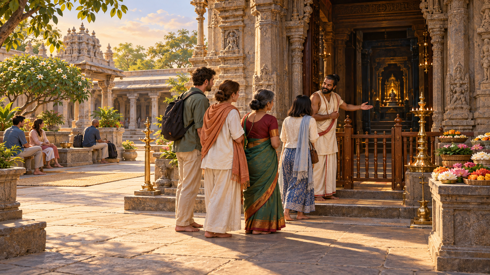A temple attendant guides visitors through a layered entrance with a courtyard, lamp stand, gate, and a separate place to pause.