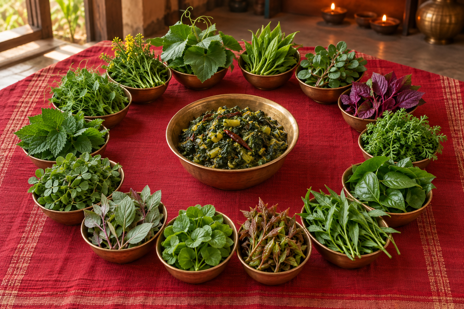 Fourteen separate bundles of varied leafy greens surround a bowl of cooked mixed greens on a red cloth, with brass vessels and earthen lamps nearby.