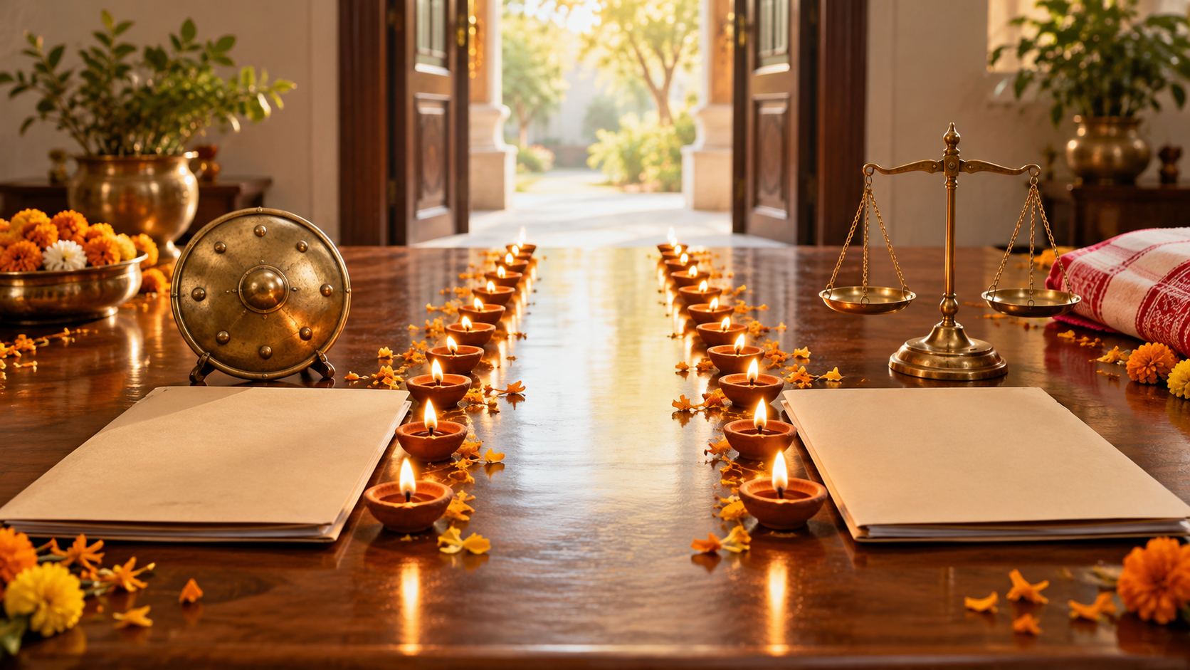 Two unmarked document folders sit beside lamp-lined paths, a small shield, and balanced scales on a table.