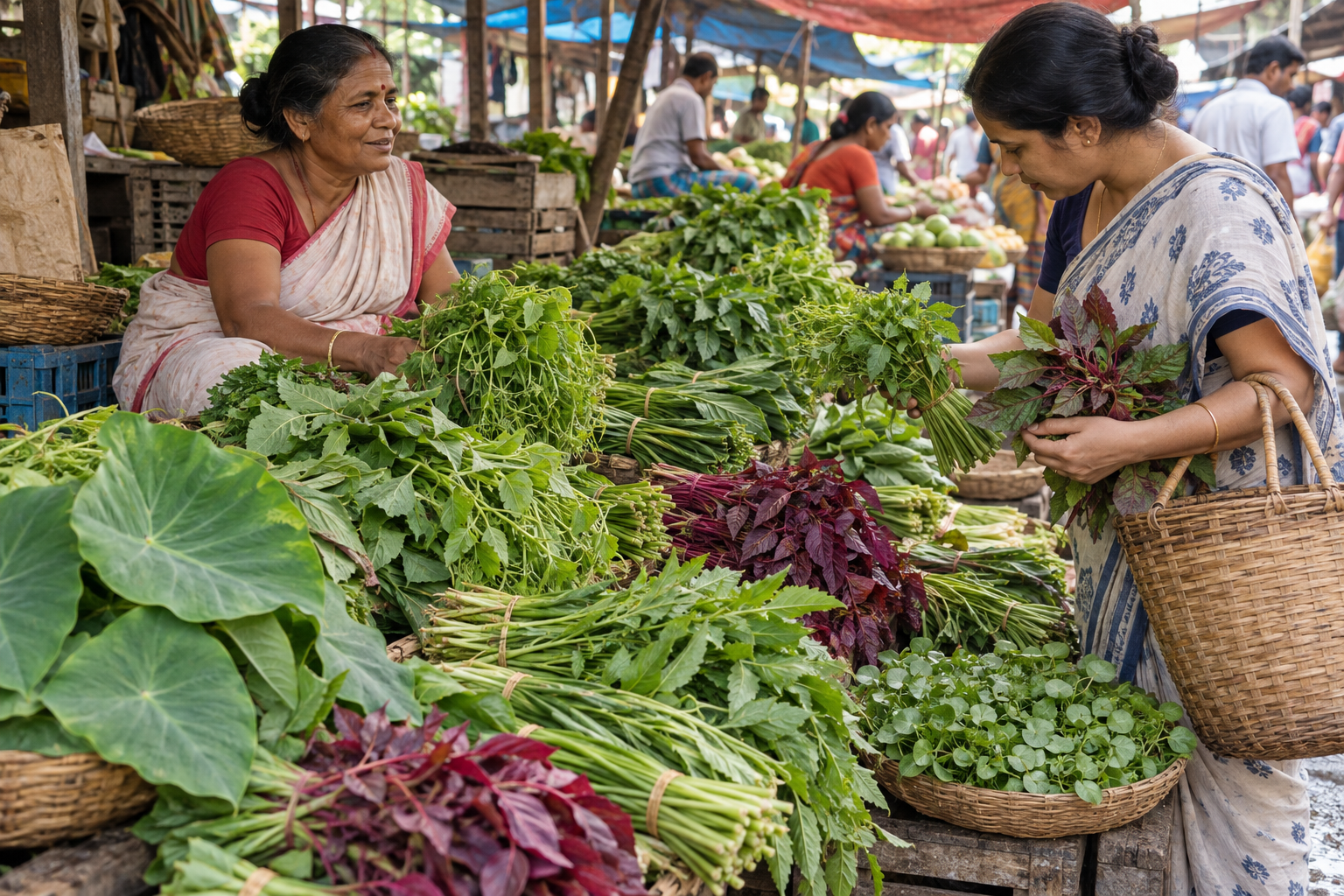 A shopper examines bundles of many different leafy greens at a Bengali market stall while the vendor sits behind the produce.