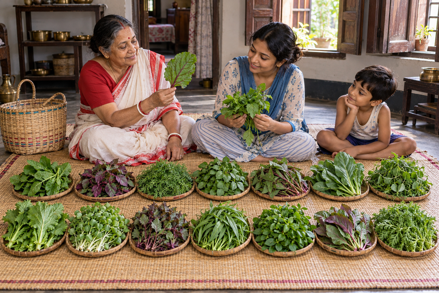 Three generations of a Bengali family sort fourteen visibly different bundles of leafy greens into separate piles on a woven mat.