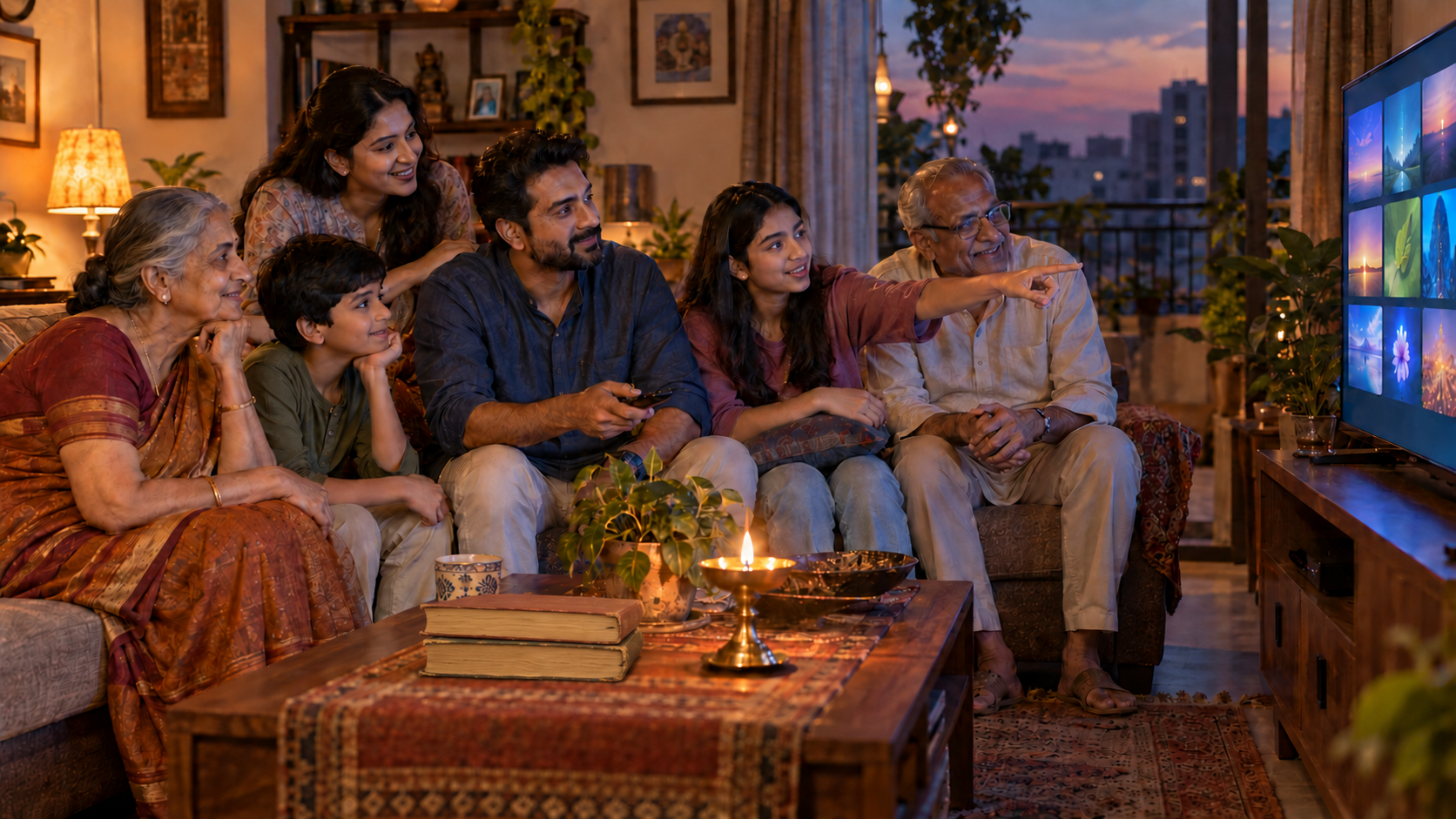 A multigenerational Indian family discusses what to watch while an unbranded television shows a grid of abstract image tiles in a warmly lit living room.