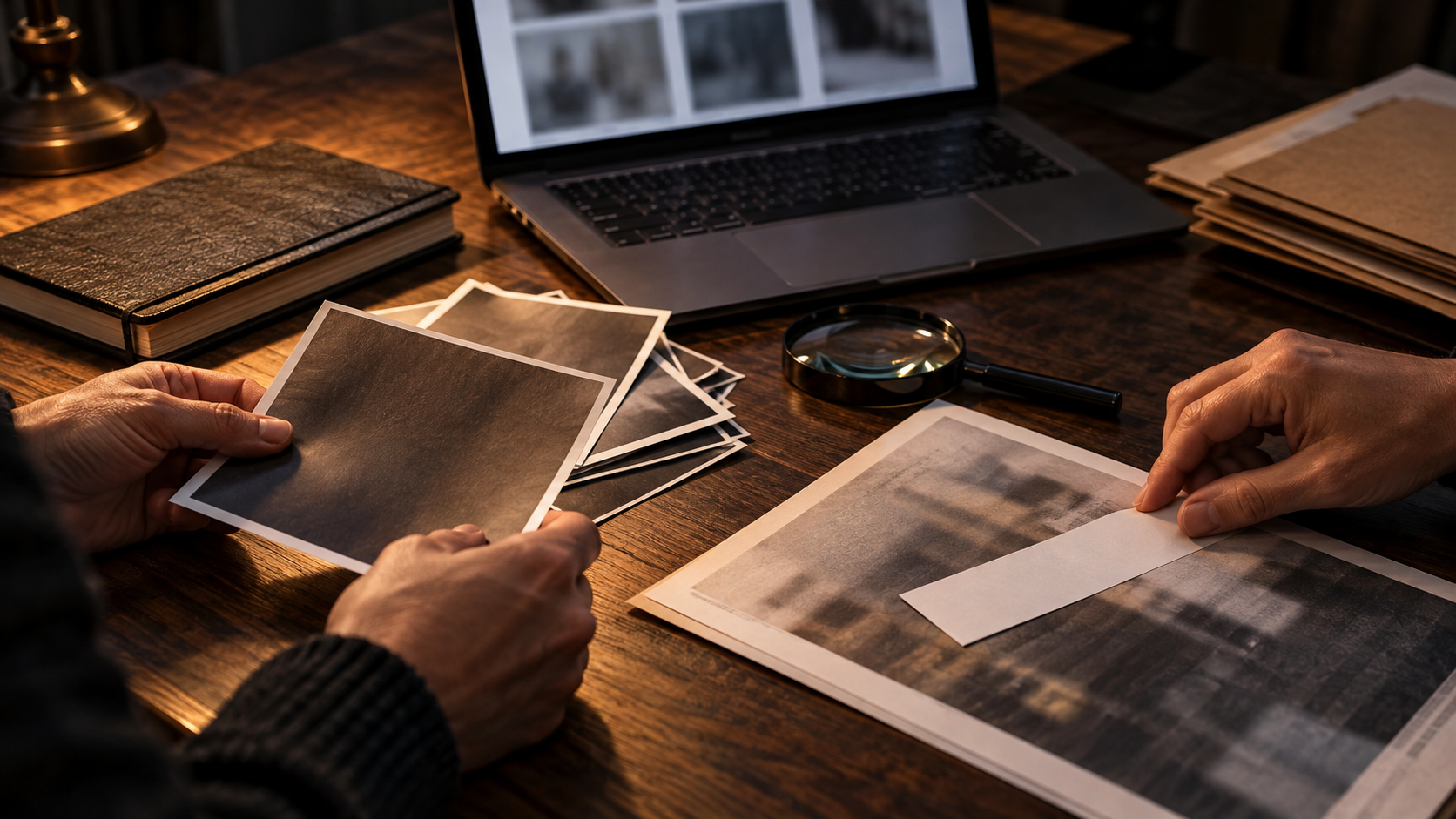 Hands review protected documents and blurred digital images at a desk while identifying details remain concealed.