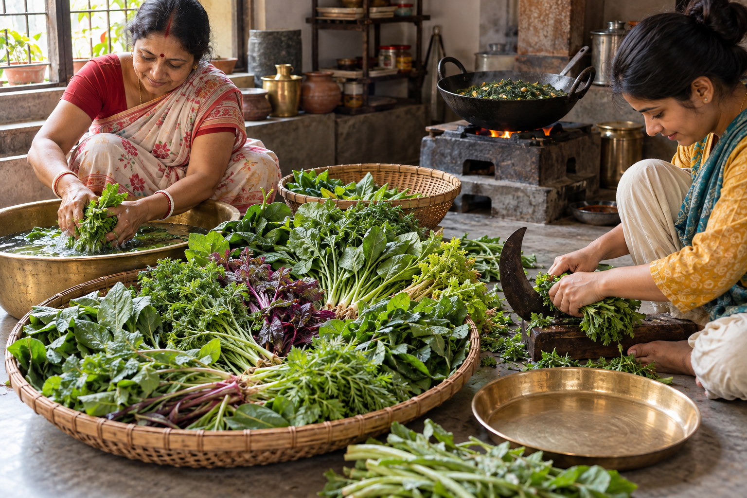 Family members wash and chop assorted leafy greens in a Bengali kitchen while a simple mixed-green dish cooks in an iron pan.