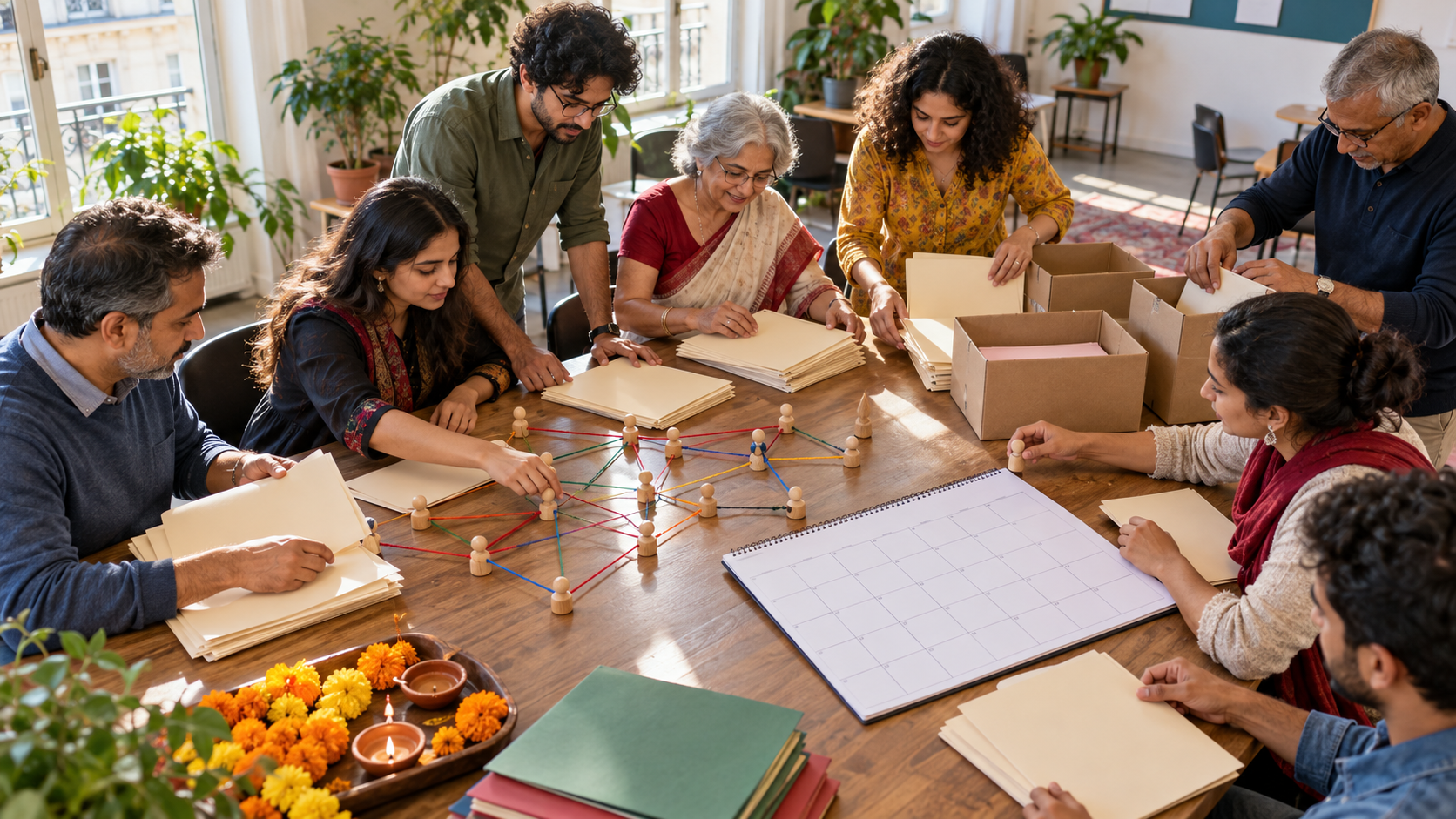 Volunteers organize blank folders, an unlabeled calendar, donation boxes, and community contacts around a table decorated with marigolds and clay lamps.