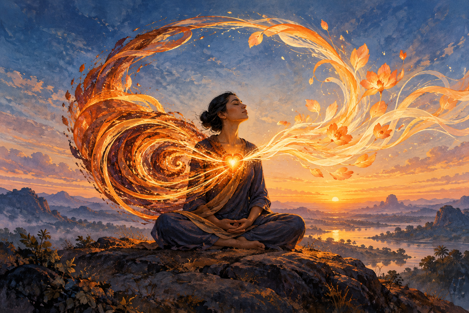 A seated figure at dawn with one amber current of light coiling inward on one side and opening into luminous blossoms and ripples on the other.
