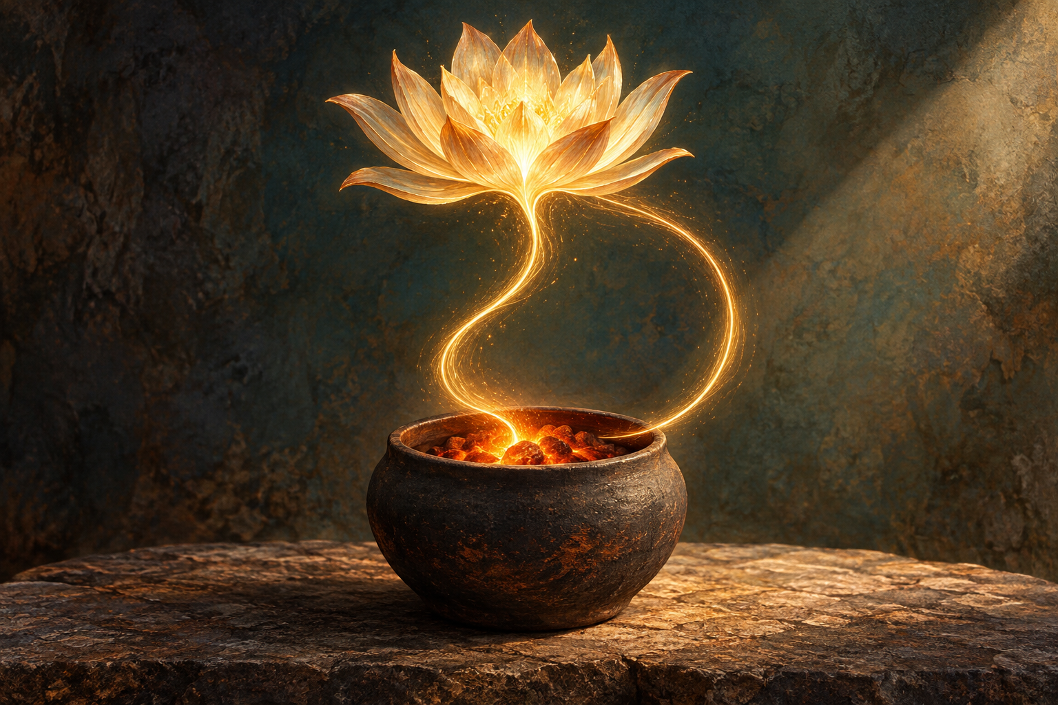 A glowing coal in a dark clay vessel sends a loop of golden light upward into an open flower.