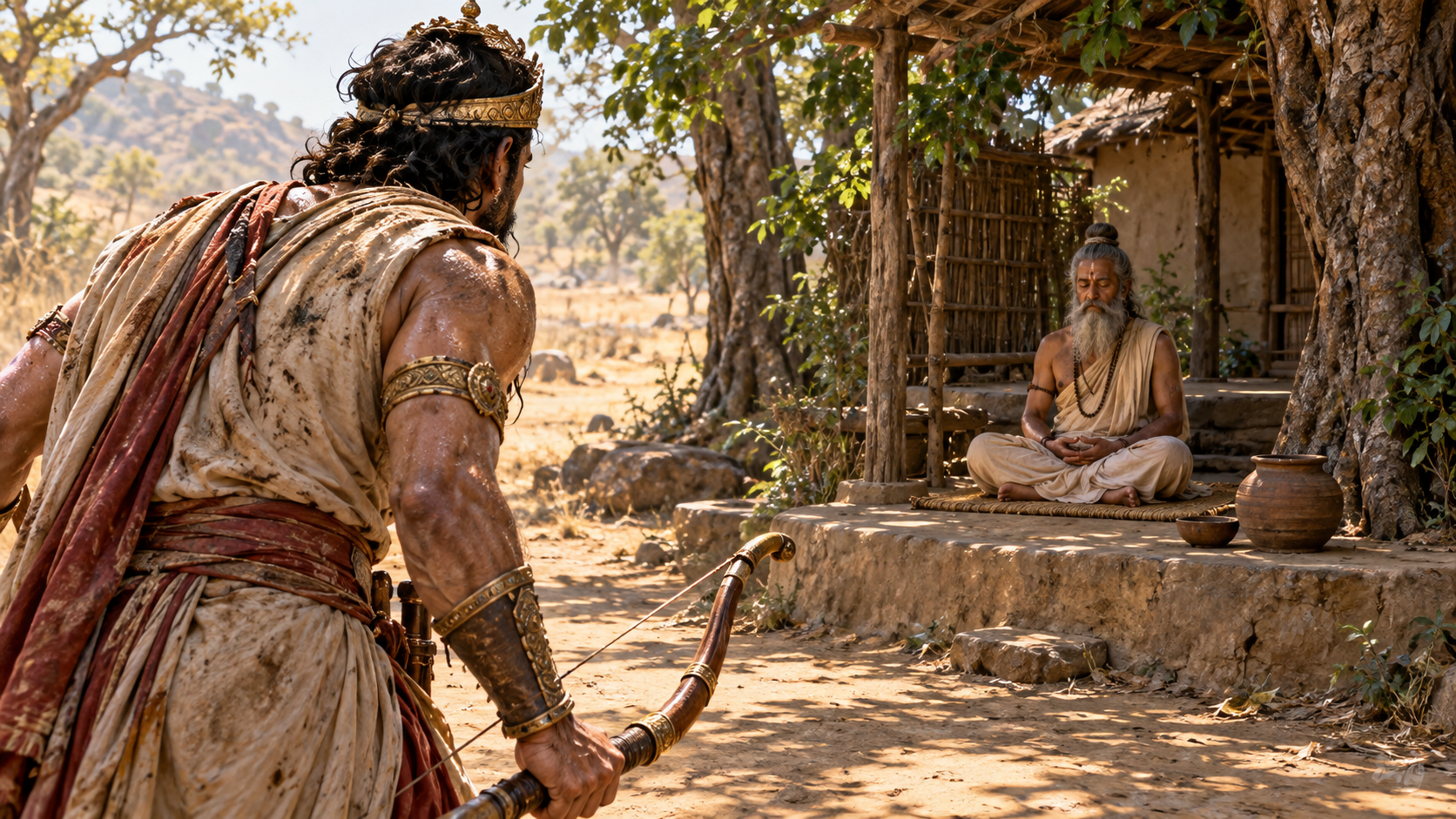 A tired and thirsty King Parikshit faces the meditating sage Shamika in a sunlit forest hermitage while gripping his bow tensely.