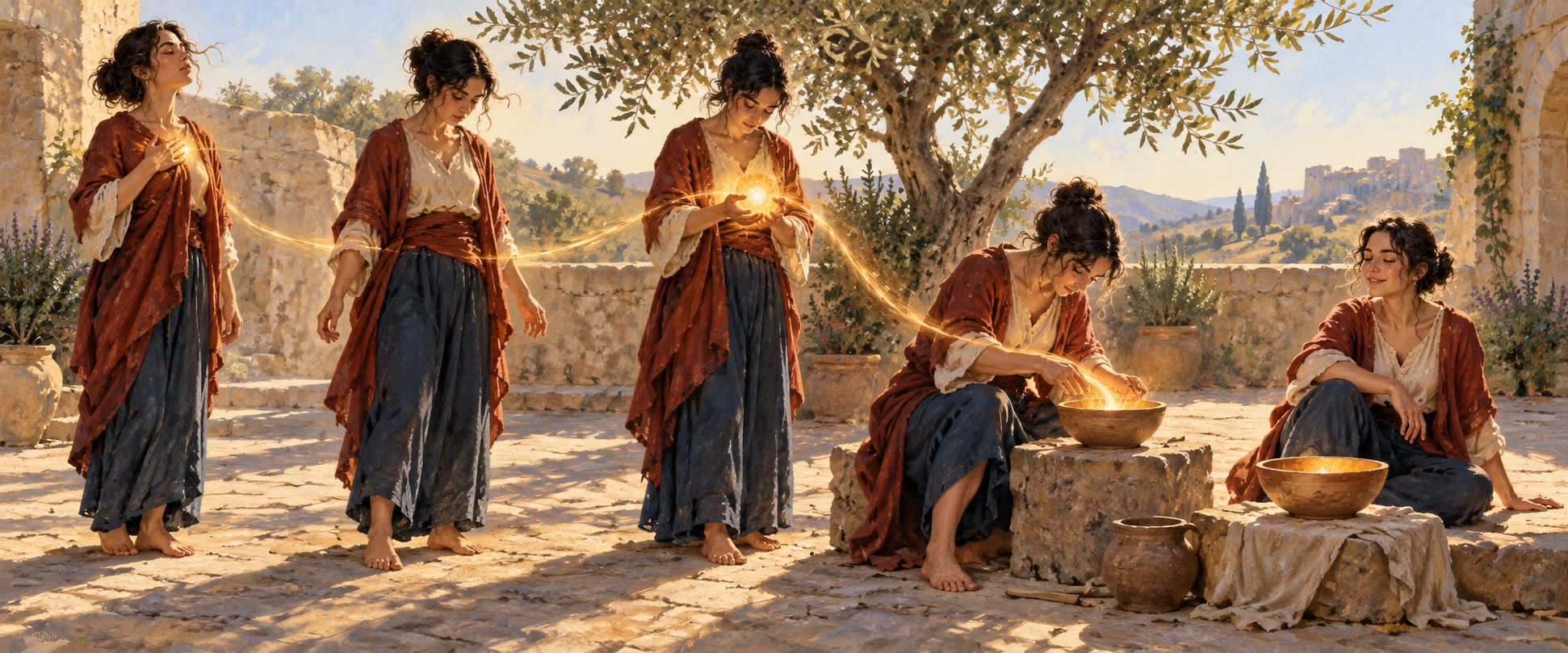 Five successive views of a person pausing, grounding, gathering light, shaping a clay bowl, and resting beside the finished bowl.