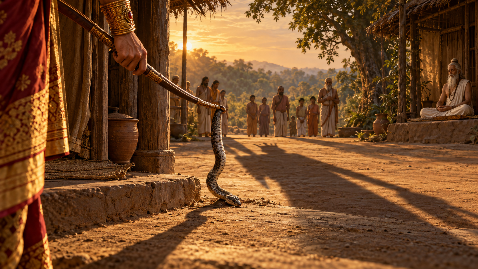 The shadow of King Parikshit falls across distant subjects as he uses the tip of his bow to lift a dead snake near a meditating sage.