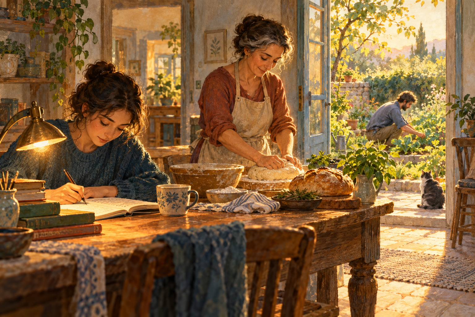 People study at a table, knead bread dough, and tend a garden as a subtle golden glow links their focused activities.