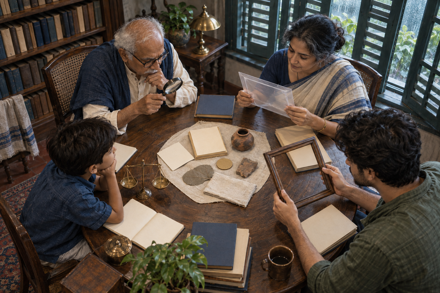 Four people examine the same archival objects from different sides of a circular table in a quiet reading room.