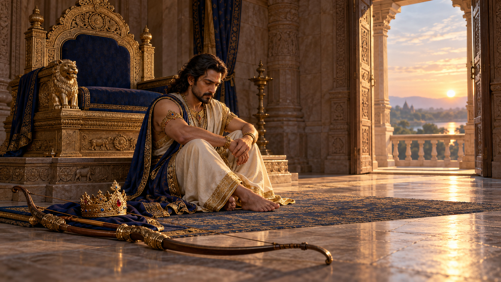 King Parikshit sits below an empty throne in remorse, with his crown and bow placed on the floor beside him at dawn.