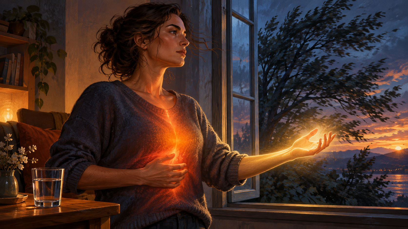 A person pauses beside an open window as a red-orange glow rises through the body and becomes calm golden light around an extended hand.