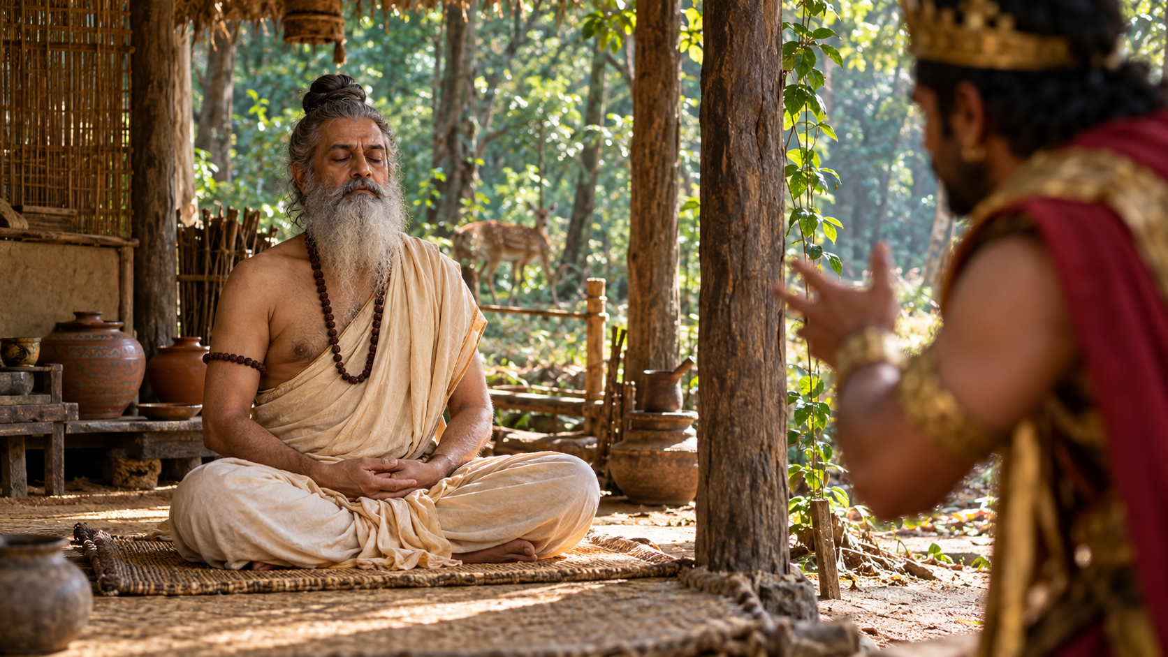 Sage Shamika meditates peacefully inside his forest hermitage while the agitated figure of King Parikshit waits at the edge of the scene.
