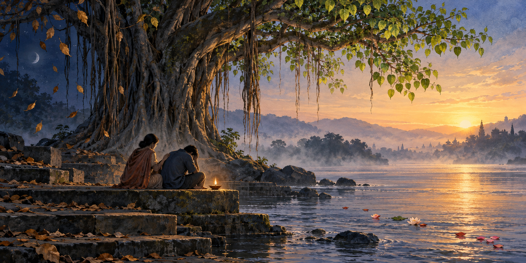 Two people sit supportively beneath a banyan tree beside a river at dawn, with a glowing clay lamp, new leaves, and falling dry leaves.