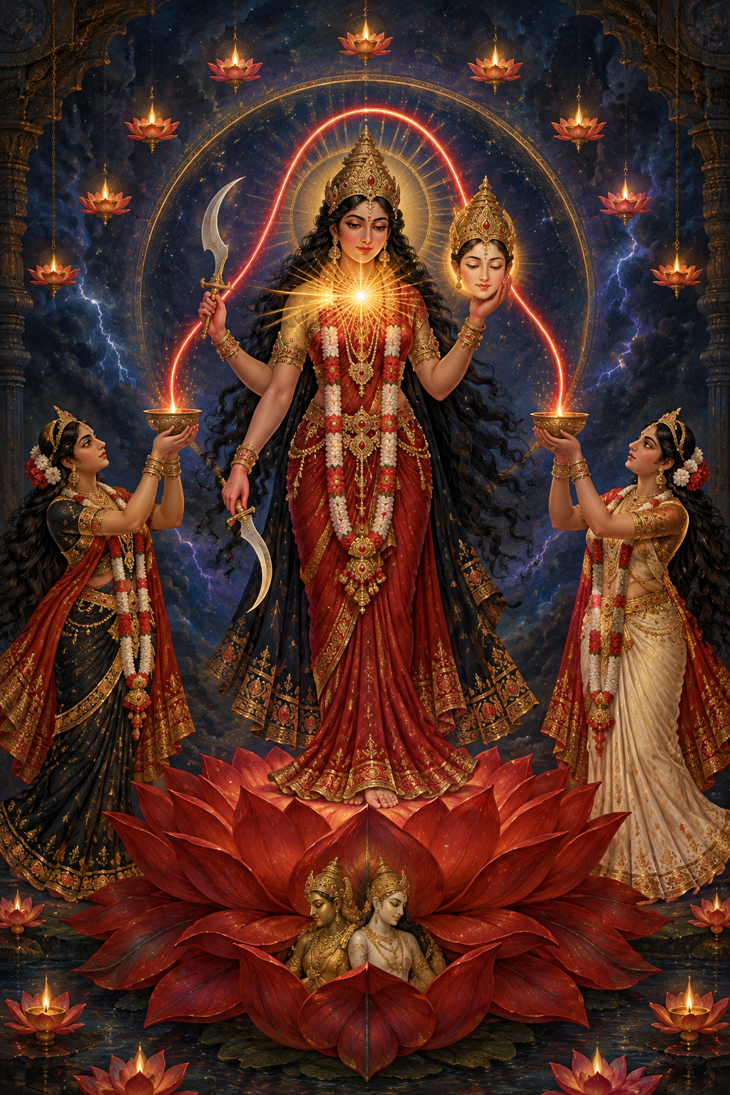 Chinnamasta stands on a red lotus holding her severed head and a curved blade, with three luminous red streams flowing toward her head and two attendants beneath a circular halo.