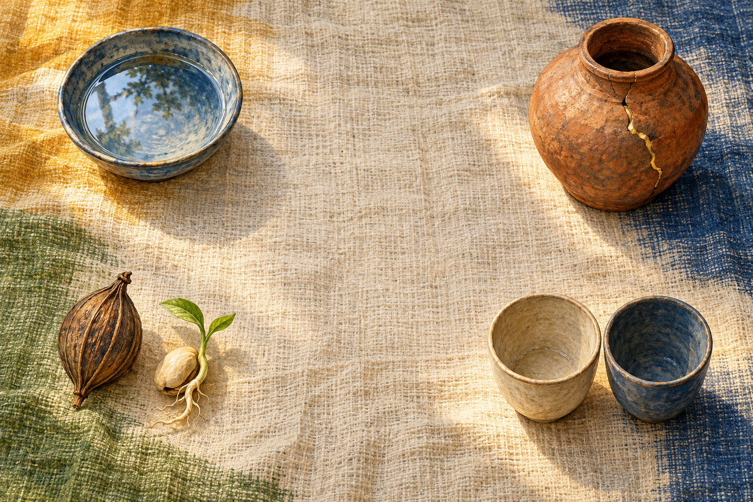 Four symbolic still-life arrangements surround an empty space: rainwater in a bowl, a repaired clay vessel, seeds, and two cups placed together.