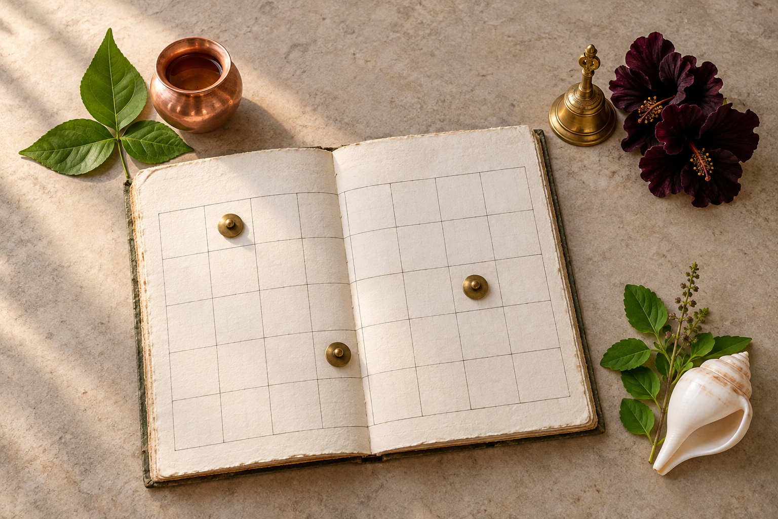 A blank paper calendar with three brass markers is surrounded by separate Shiva, Bhairava, and Vishnu worship items.