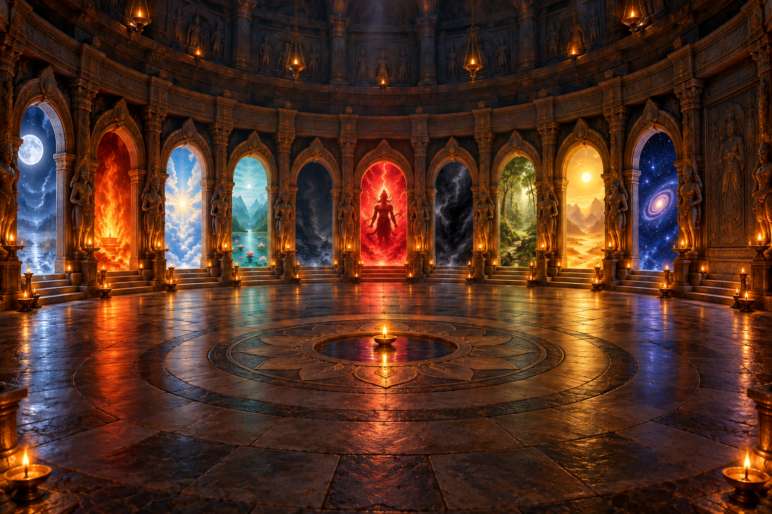 A circular stone temple contains ten illuminated shrine doorways, with one doorway glowing red around a distant silhouette of Chinnamasta.