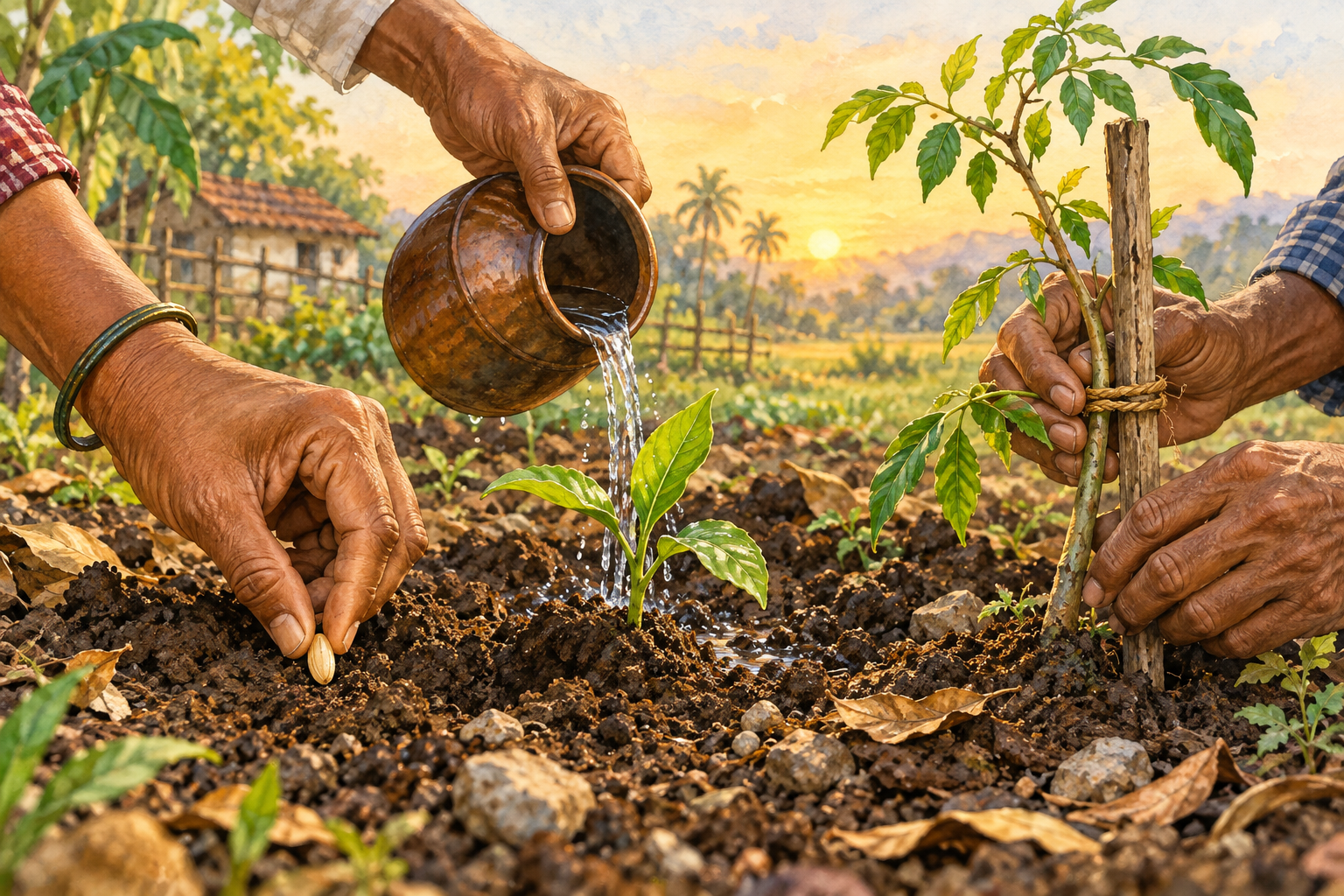 Several hands plant a seed, water a shoot, and support a bent sapling in a shared garden bed.