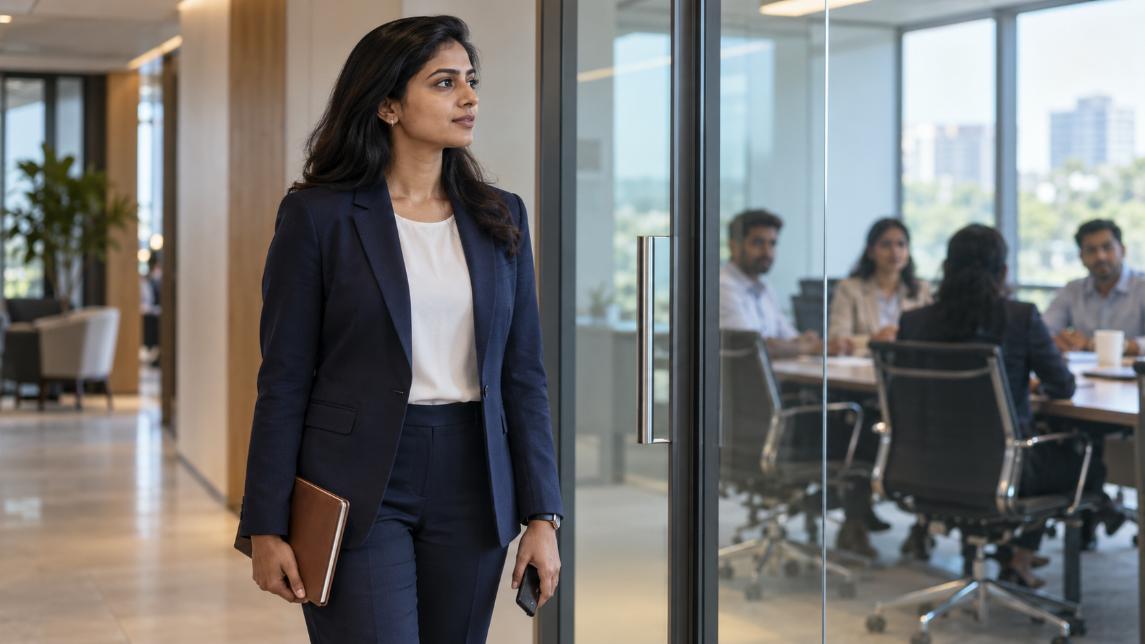 An Indian professional pauses outside a meeting room with a lowered phone before joining waiting colleagues.