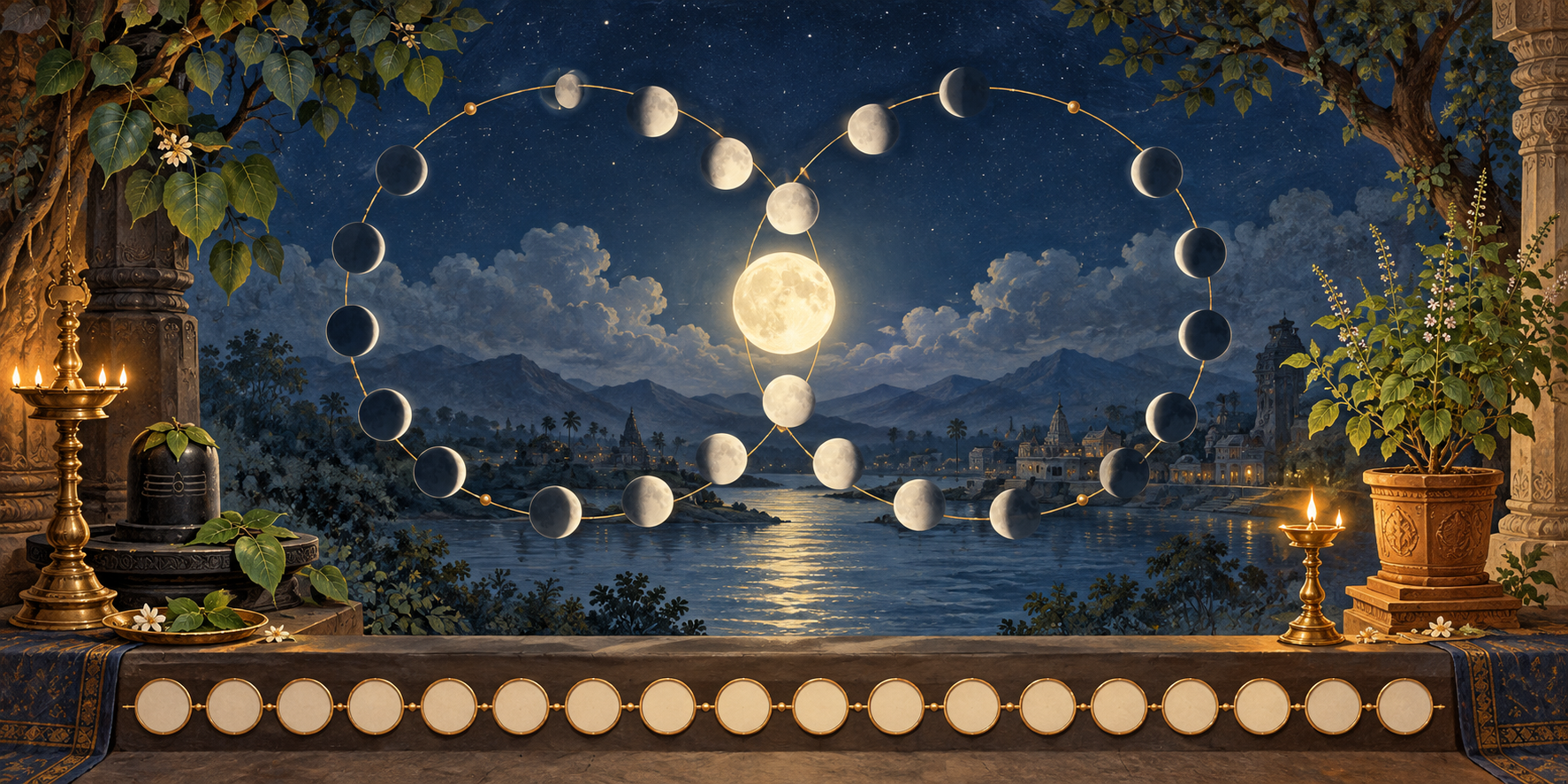 Two overlapping lunar-cycle motifs begin at different points but share the same moonlit seasonal landscape and unnumbered day tiles.