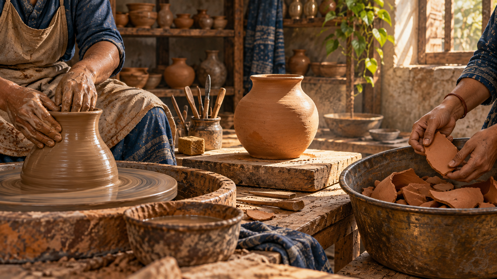 A potter shapes a clay vessel while fragments of another pot are collected for reuse in a sunlit workshop.