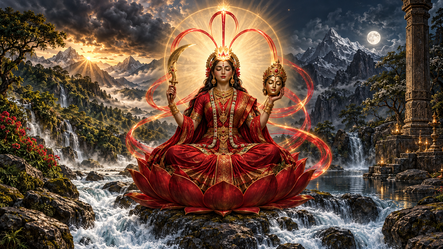 A calm Chinnamasta sits above a rushing river as red-gold energy circles her between stormy vegetation and a still moonlit pool.