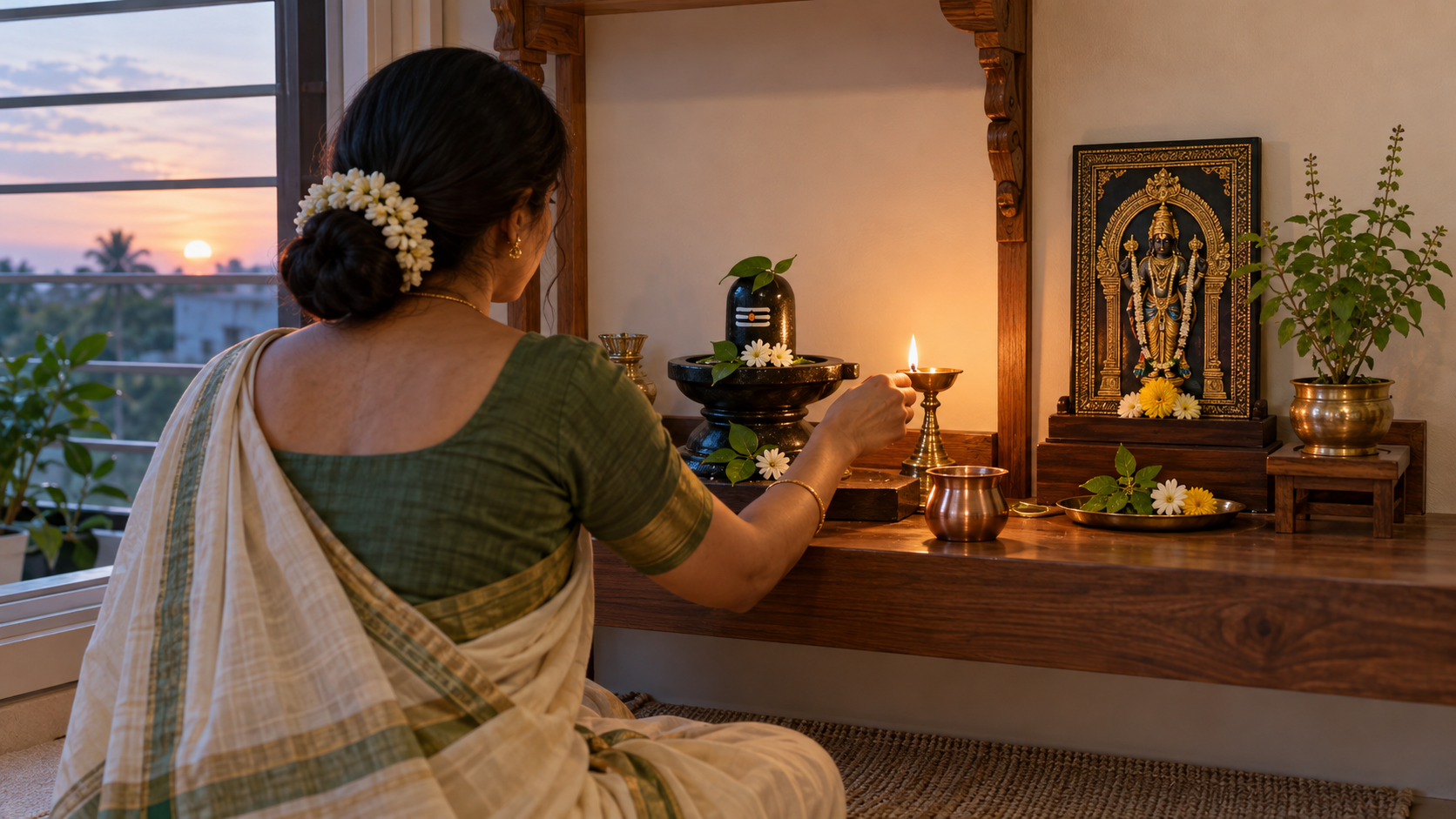 A devotee lights a brass oil lamp at an uncluttered home prayer shelf with separate Shiva and Vishnu worship items.