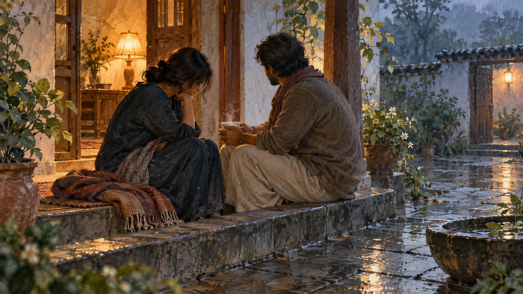 A grieving adult sits quietly on a veranda while a companion remains beside them and offers a warm cup after the rain.