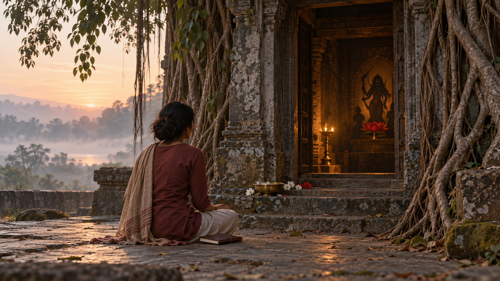 A visitor sits quietly outside a small stone Devi shrine where a lamp, red lotus, and distant silhouette of Chinnamasta are visible.