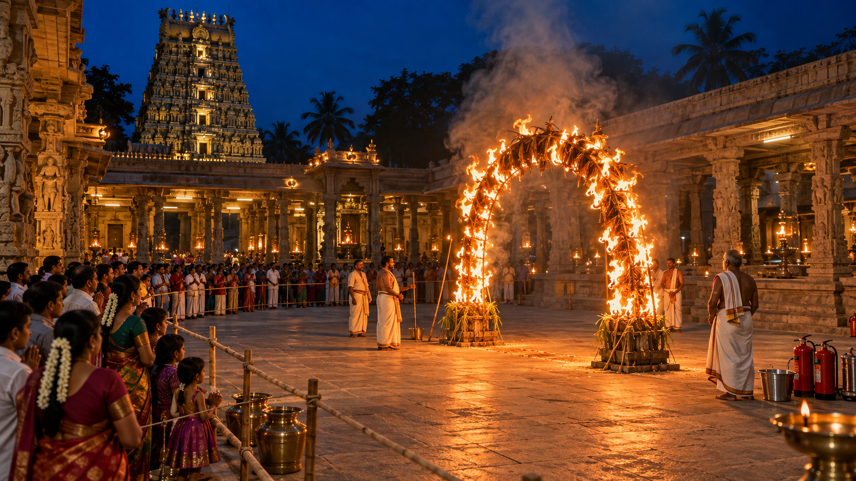 Temple priests supervise a flaming ceremonial arch in a cleared courtyard while devotees watch from a separated area at a safe distance.