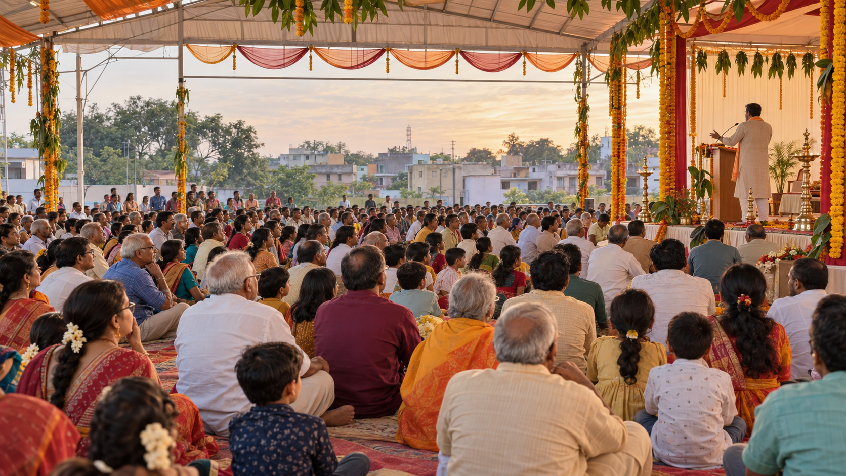 Families, elders, young adults and children attend a Vijayadashami community programme beneath a decorated pavilion in Bhilai.