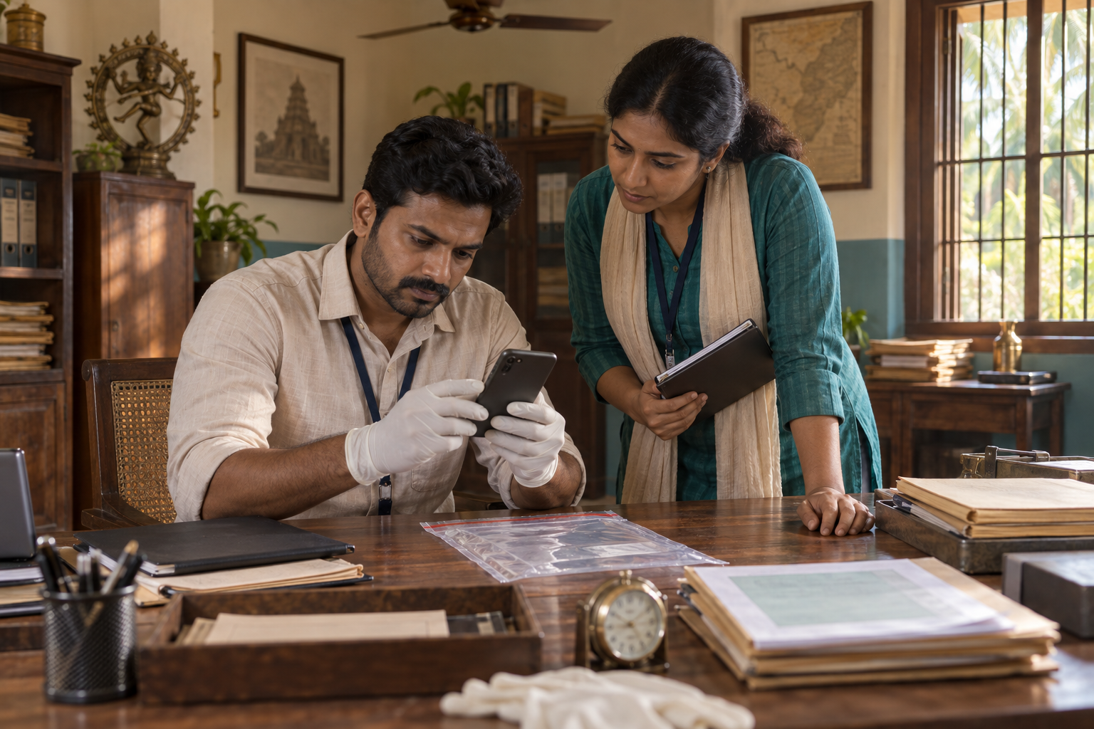 Two investigators in a South Indian office carefully examine a phone and sealed evidence materials on a desk.