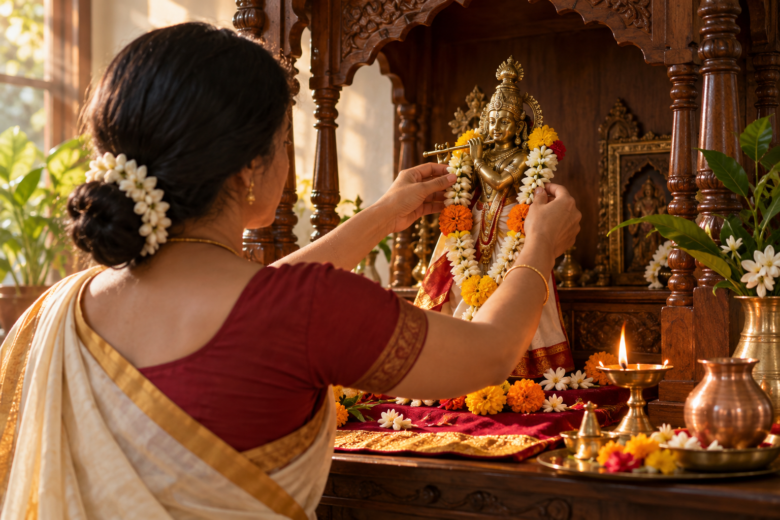 A devotee places a flower garland on a dressed brass Hindu deity at a home altar lit by dawn light and an oil lamp.