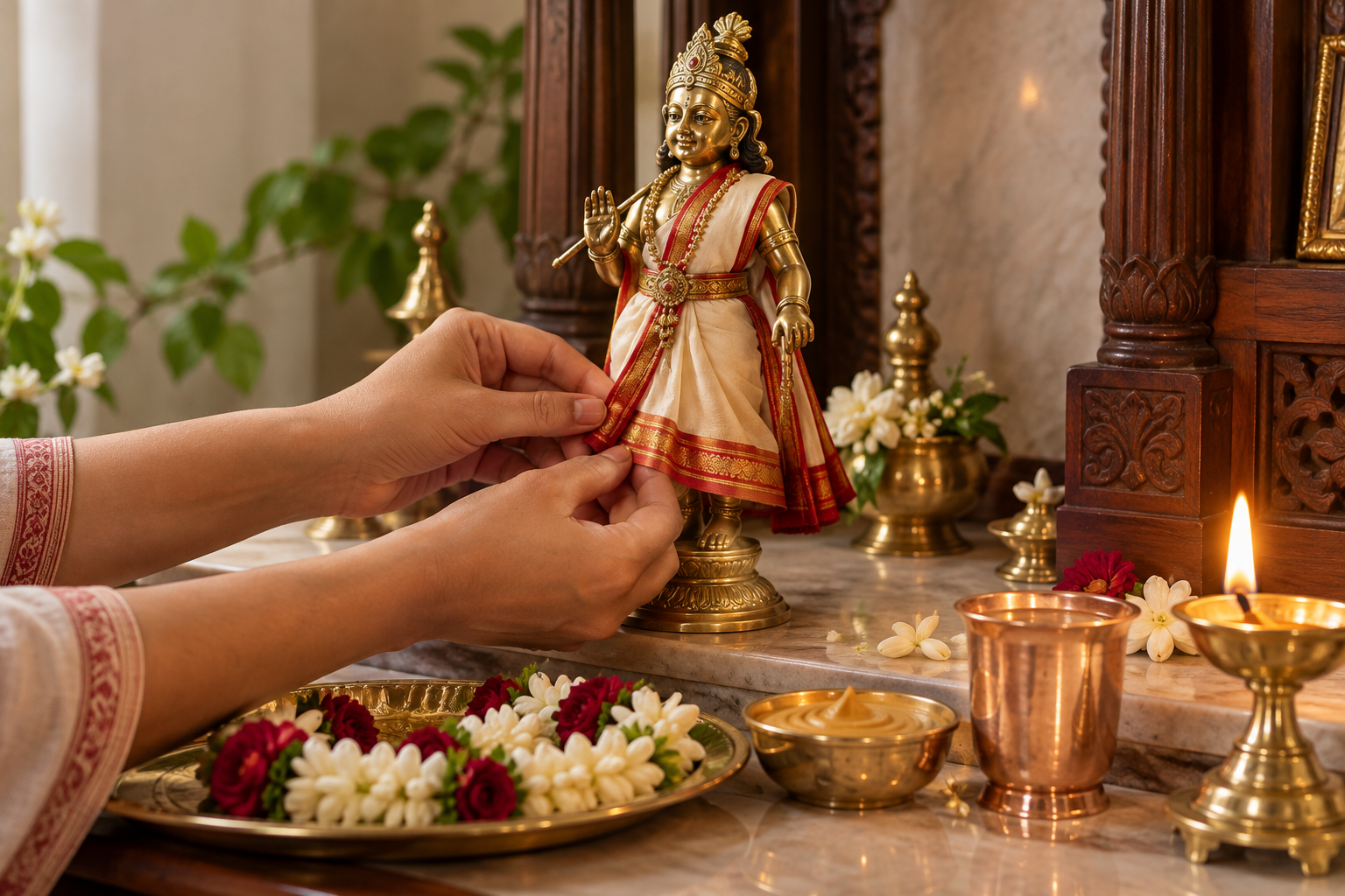 Hands carefully adjust a small garment on a brass deity beside flowers, sandalwood paste, a copper cup, and an oil lamp.