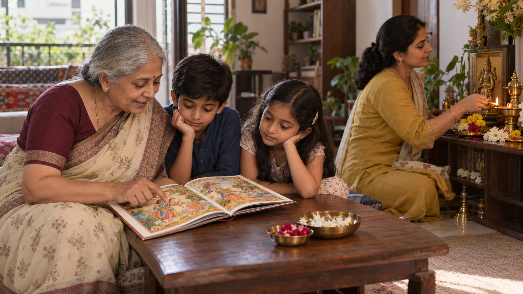 A grandmother reads with two children while a parent prepares flowers and a brass lamp at a home shrine.