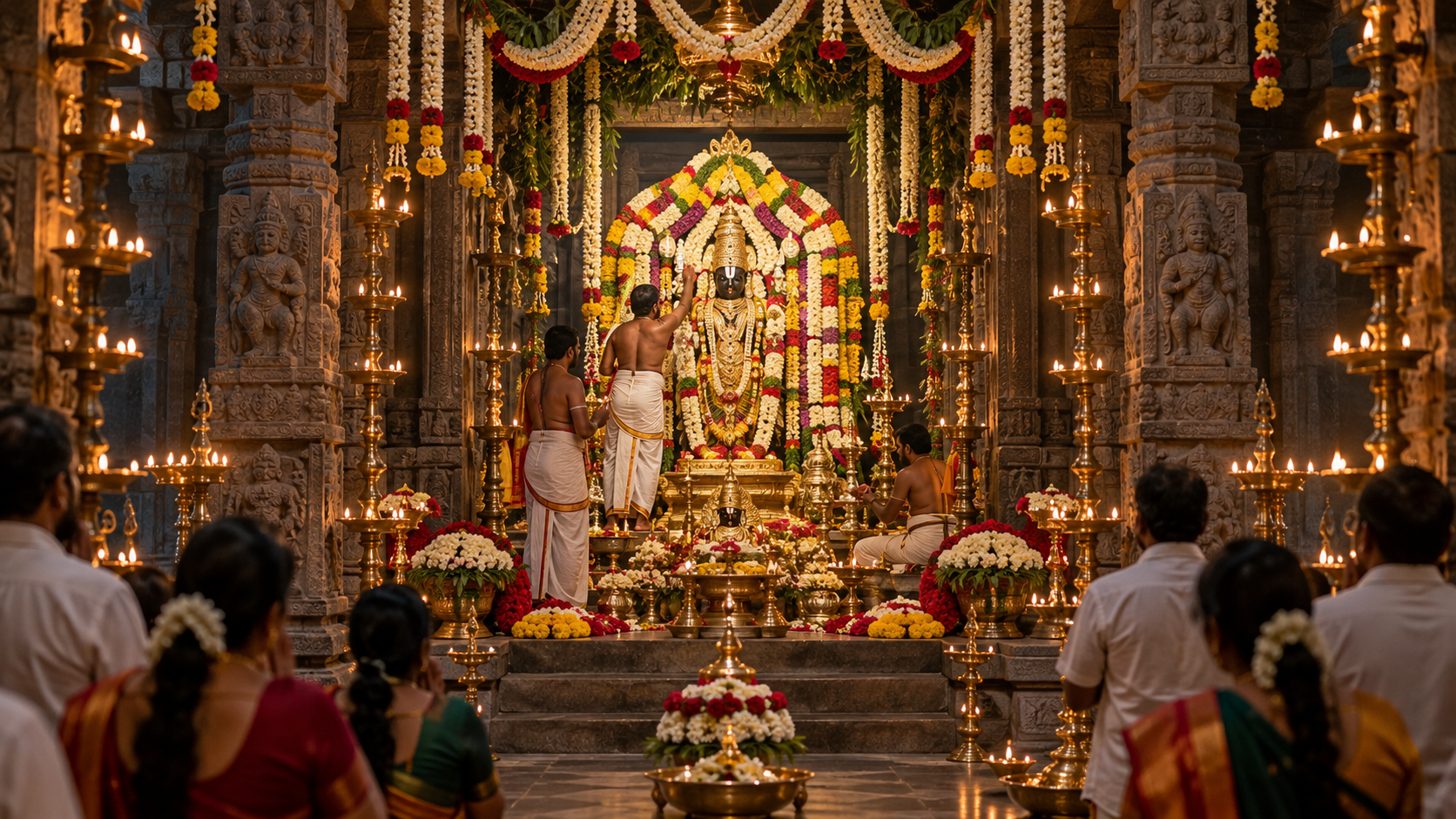 Priests and devotees gather near a flower-covered deity in a lamp-lit Hindu temple sanctum with carved stone pillars.